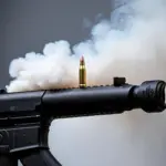 A high-speed photograph of a 5.56 bullet leaving the barrel of a rifle. The bullet is surrounded by a cloud of smoke.