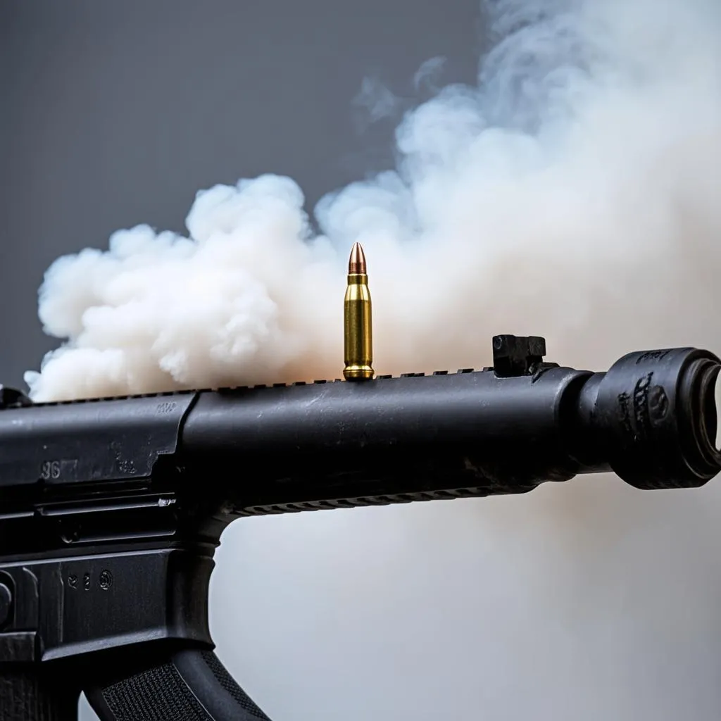 A high-speed photograph of a 5.56 bullet leaving the barrel of a rifle. The bullet is surrounded by a cloud of smoke.