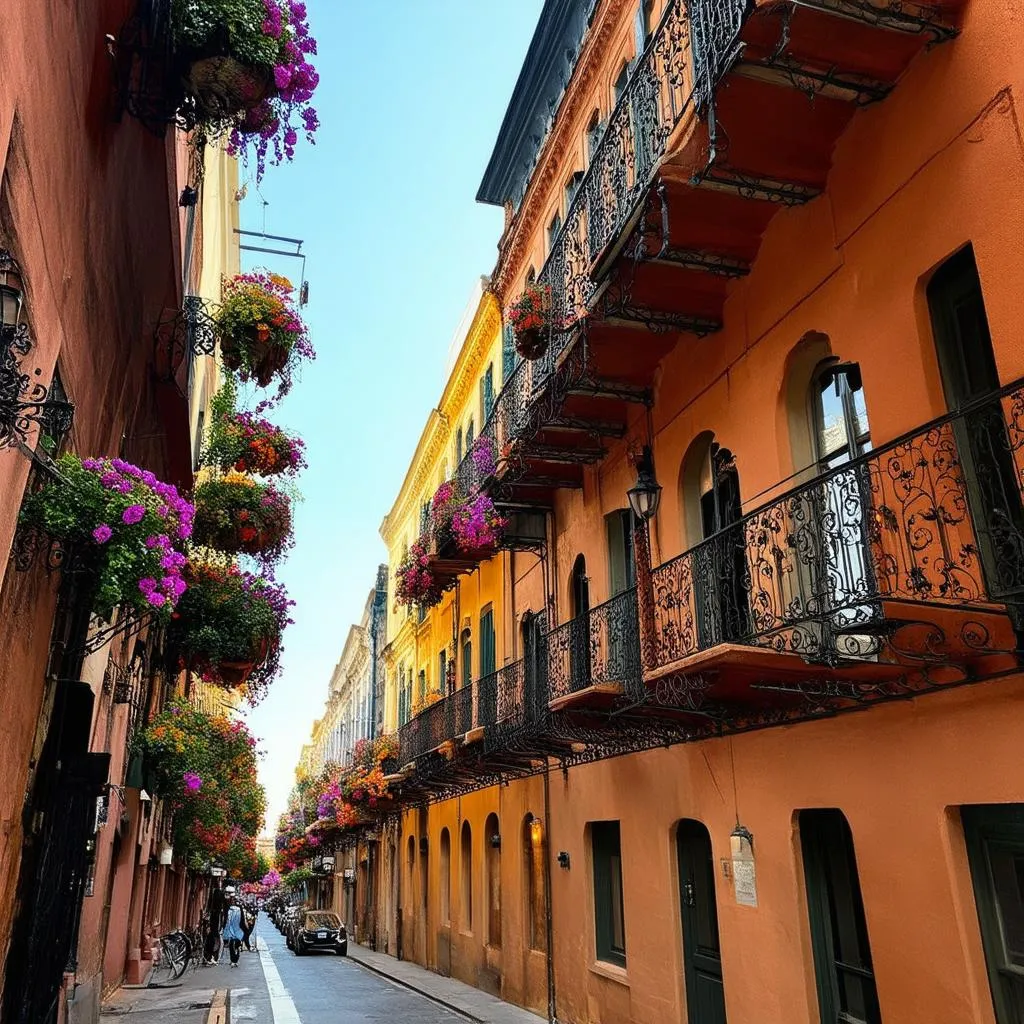 Colorful balconies adorned with flowers in the historic French Quarter