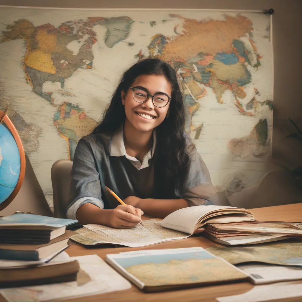 A student studying travel and tourism books, with maps and a globe in the background