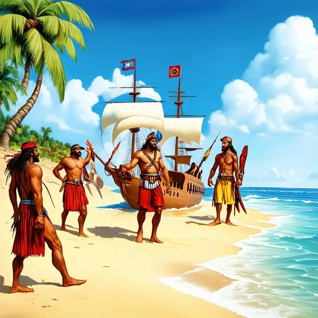 Amerigo Vespucci landing on a tropical beach with his crew, greeted by indigenous people