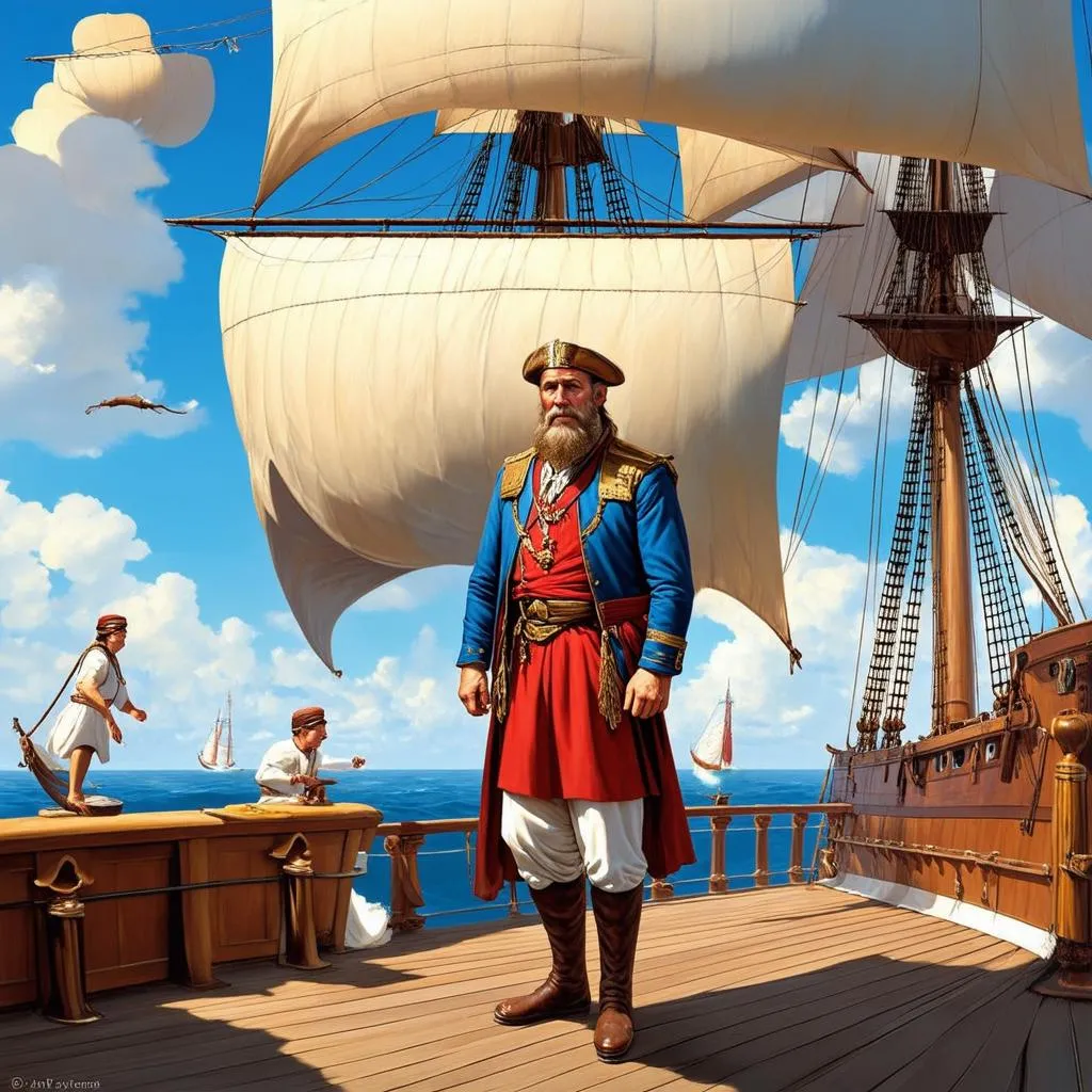 A portrait of Amerigo Vespucci standing on the deck of a ship with billowing sails, showcasing the spirit of exploration