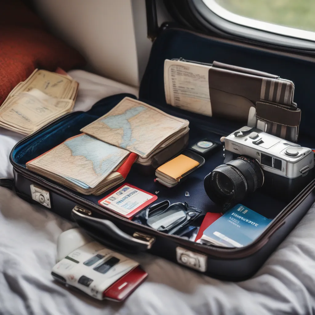 Open suitcase on a bed with a train ticket, passport, and phone