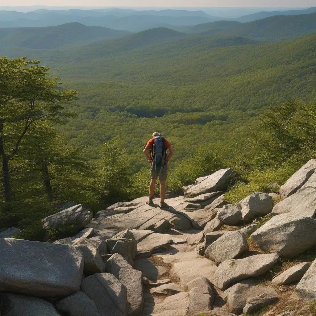 A lone hiker with a backpack stands on a rocky outcrop overlooking a vast mountain range