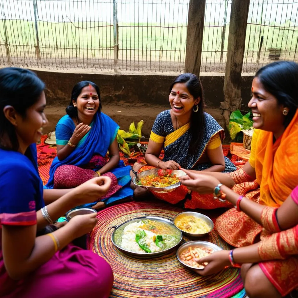 Maya enjoying a traditional Bangladeshi meal with locals 