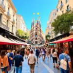 Bustling street scene in Barcelona with Sagrada Familia in the background