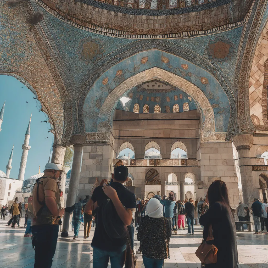 Tourists outside the Blue Mosque