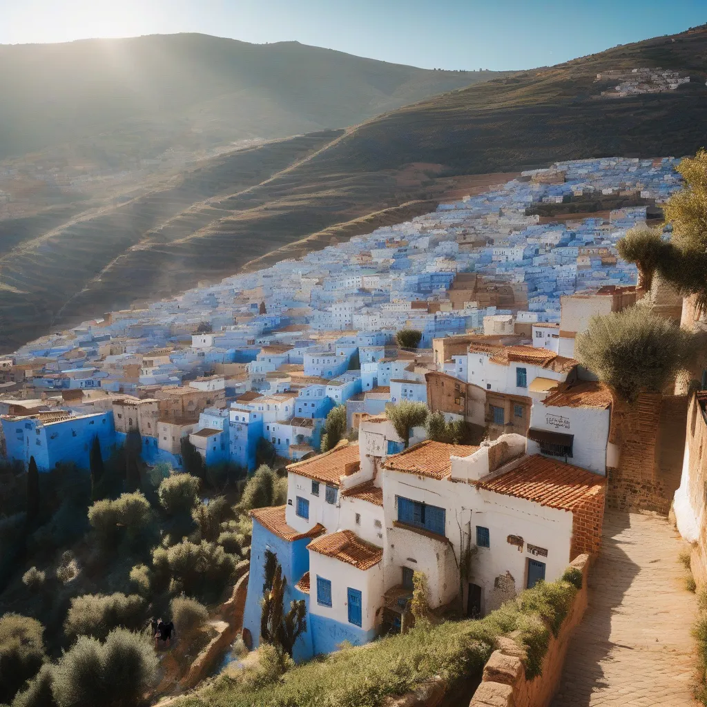 A panoramic view of the blue-washed buildings in Chefchaouen