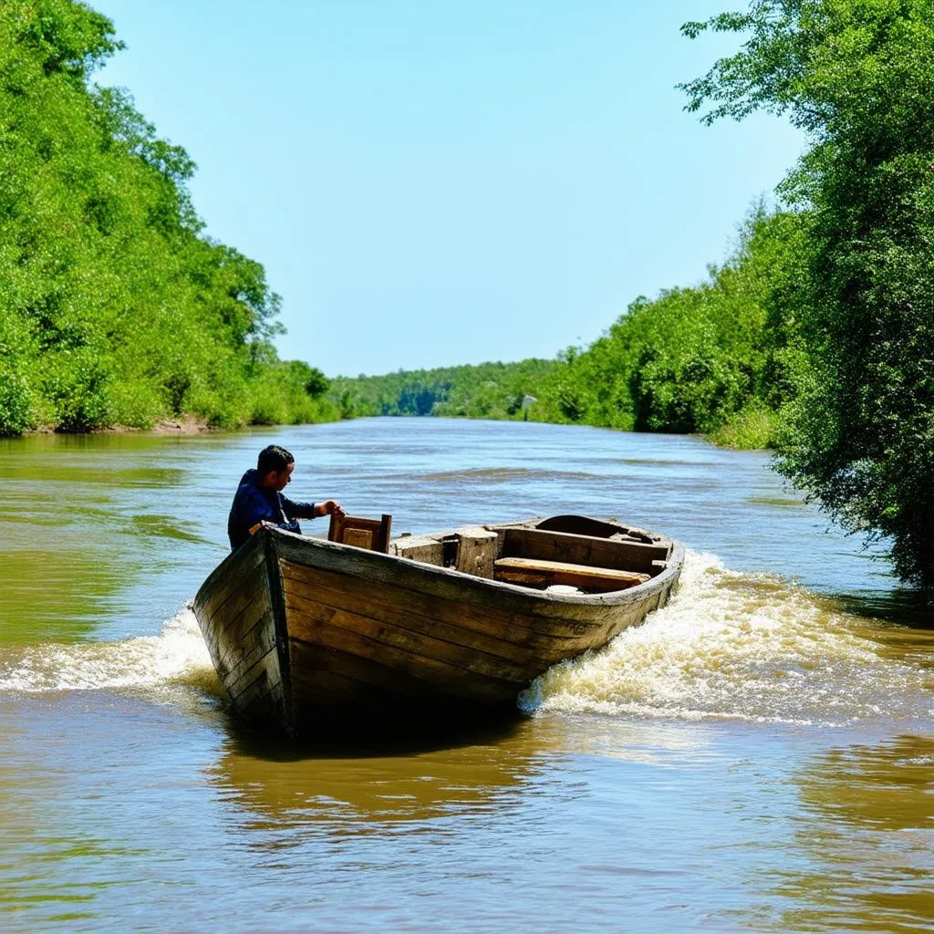 A small wooden boat battling its way upstream against a strong current