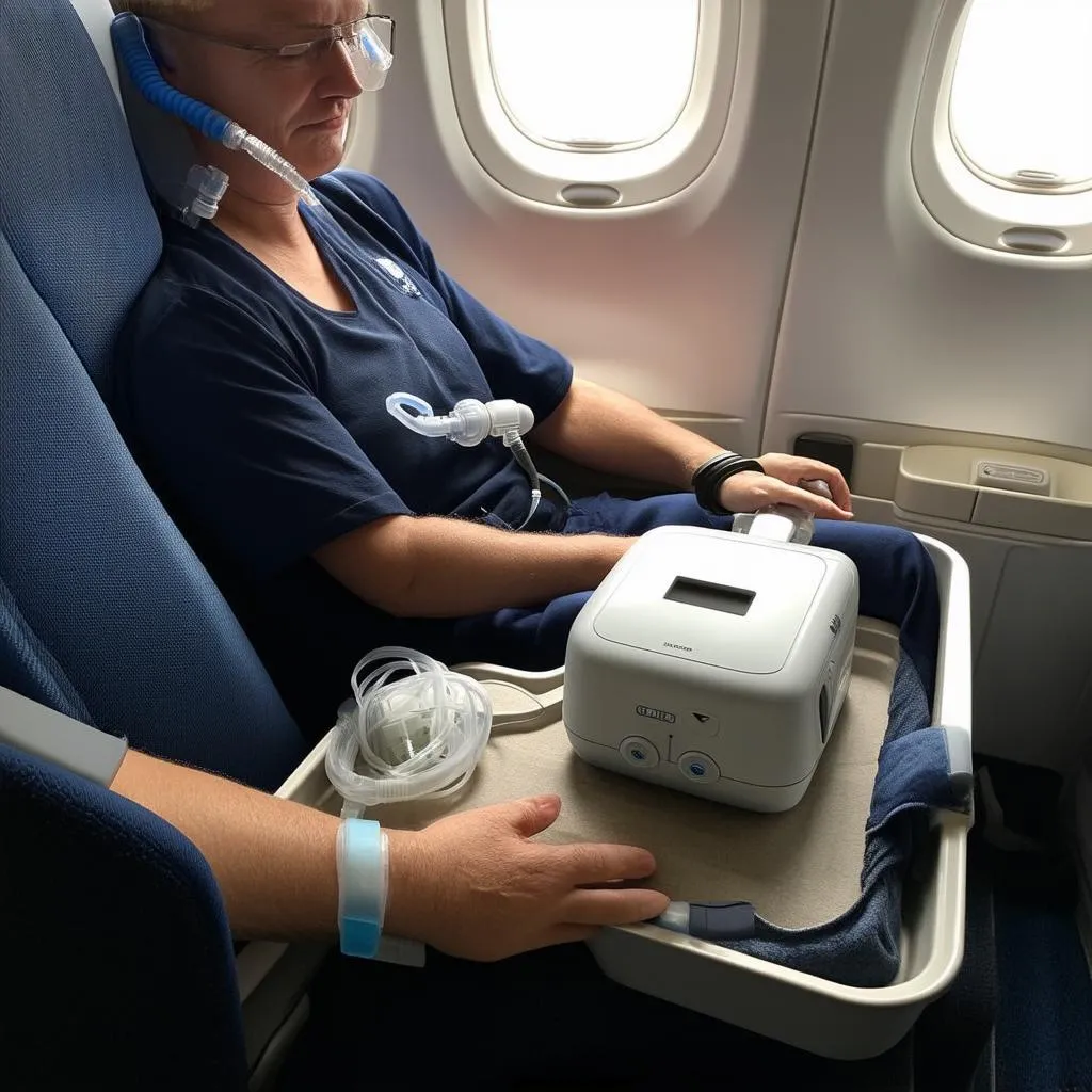 CPAP Machine on Airplane Tray Table