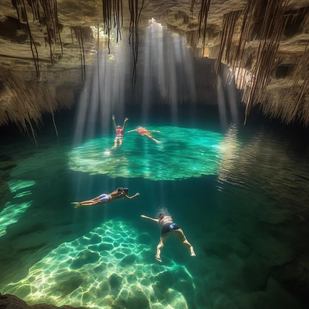 Tourists Swimming in a Cenote