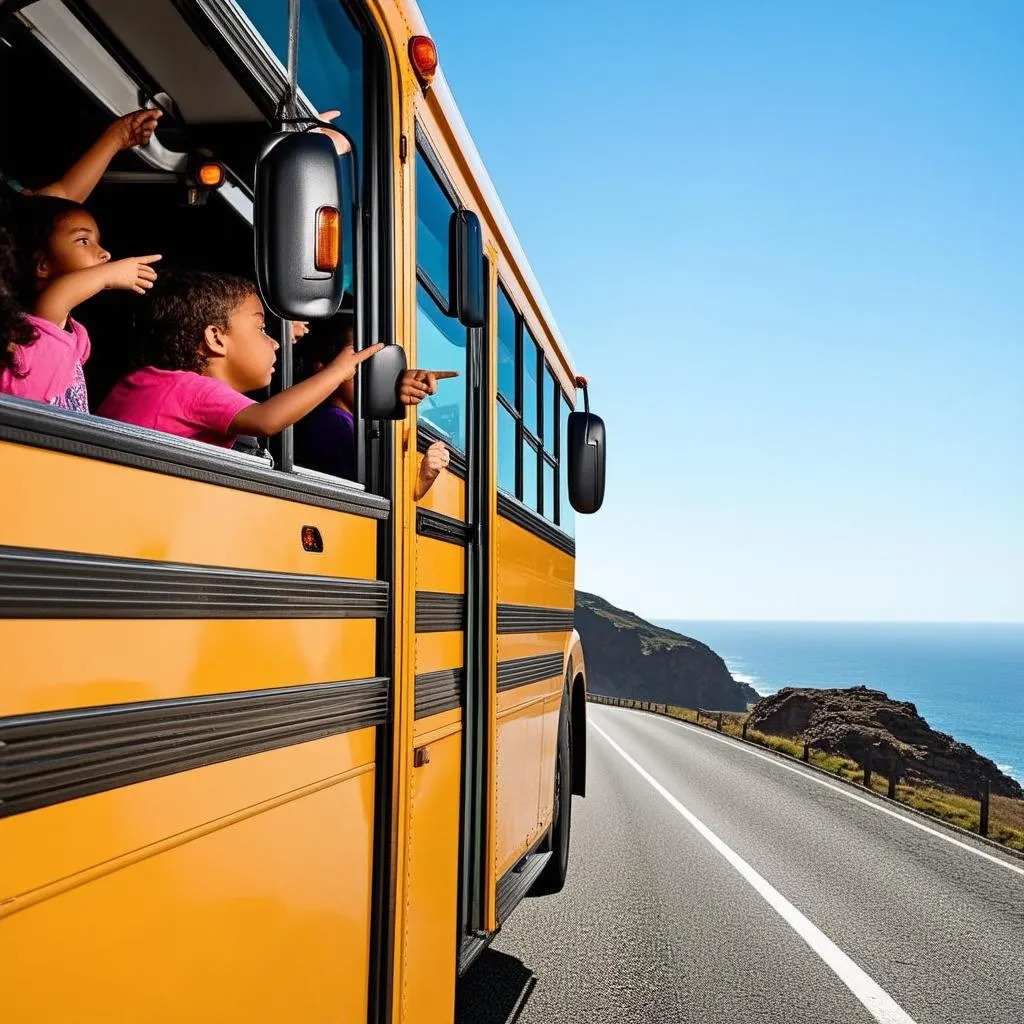 A school bus driving along the Pacific Coast Highway 