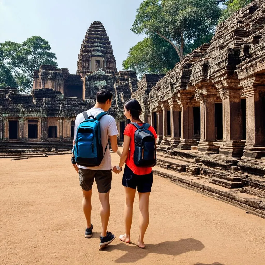 Backpackers Exploring Ancient Ruins