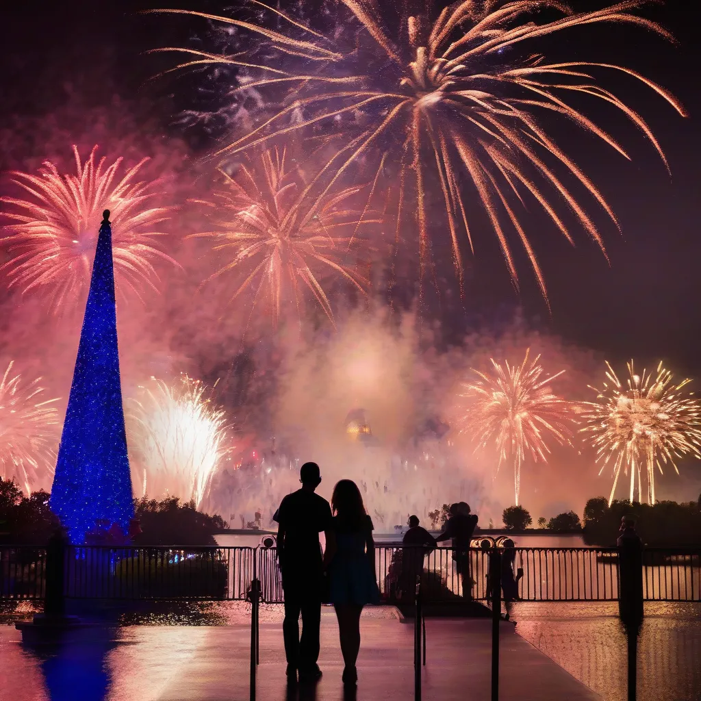 Couple holding hands and watching fireworks show at Epcot