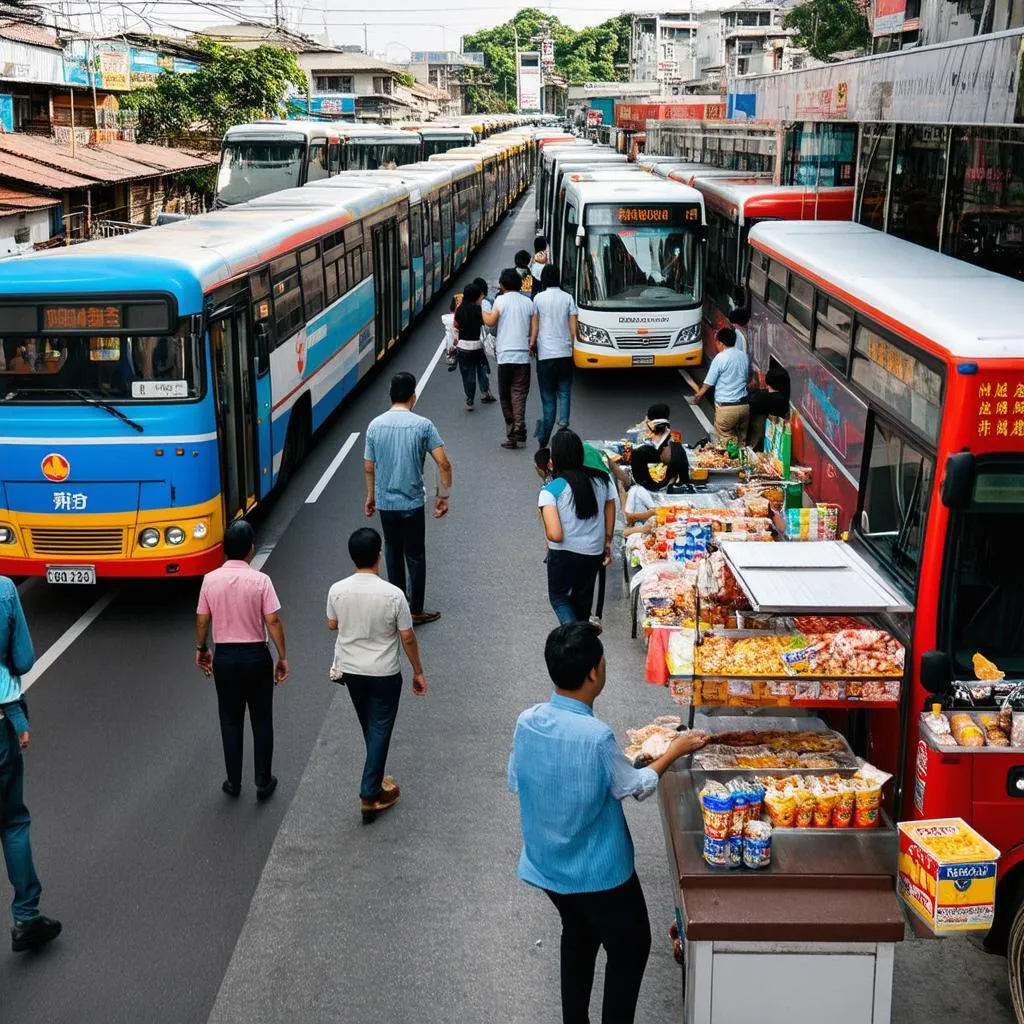 Bustling activity at a busy bus station in Hanoi