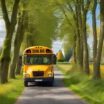 School bus driving through Dutch countryside