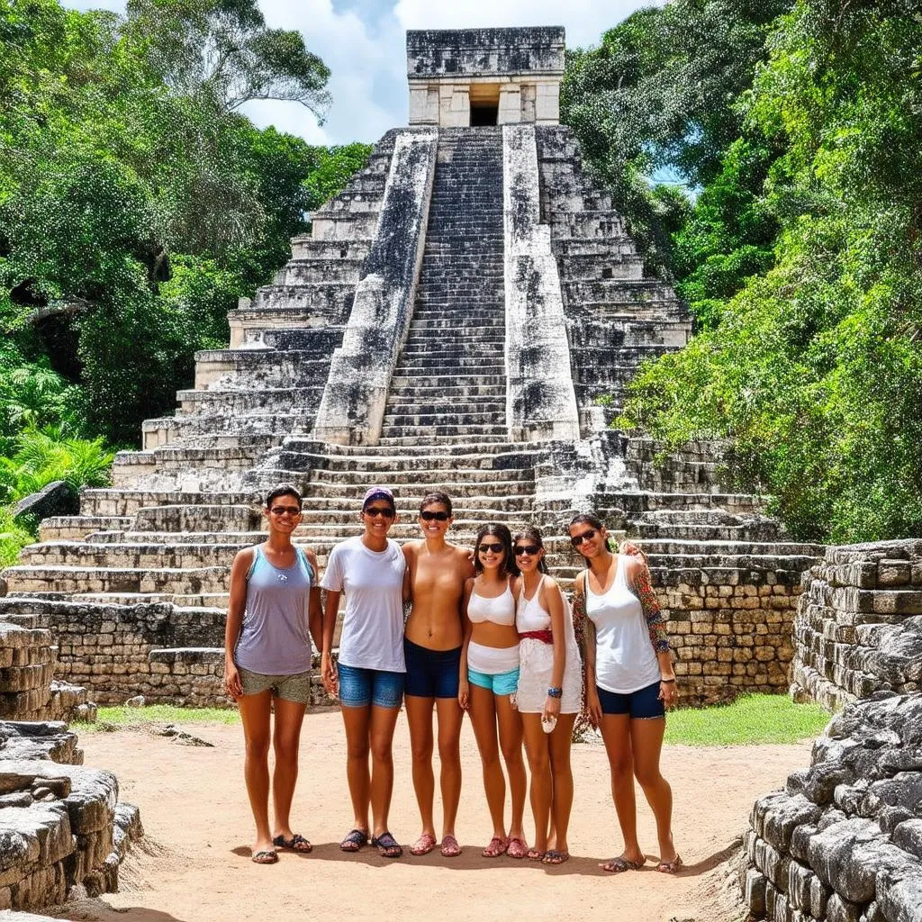 Tourists exploring Mayan ruins in Belize