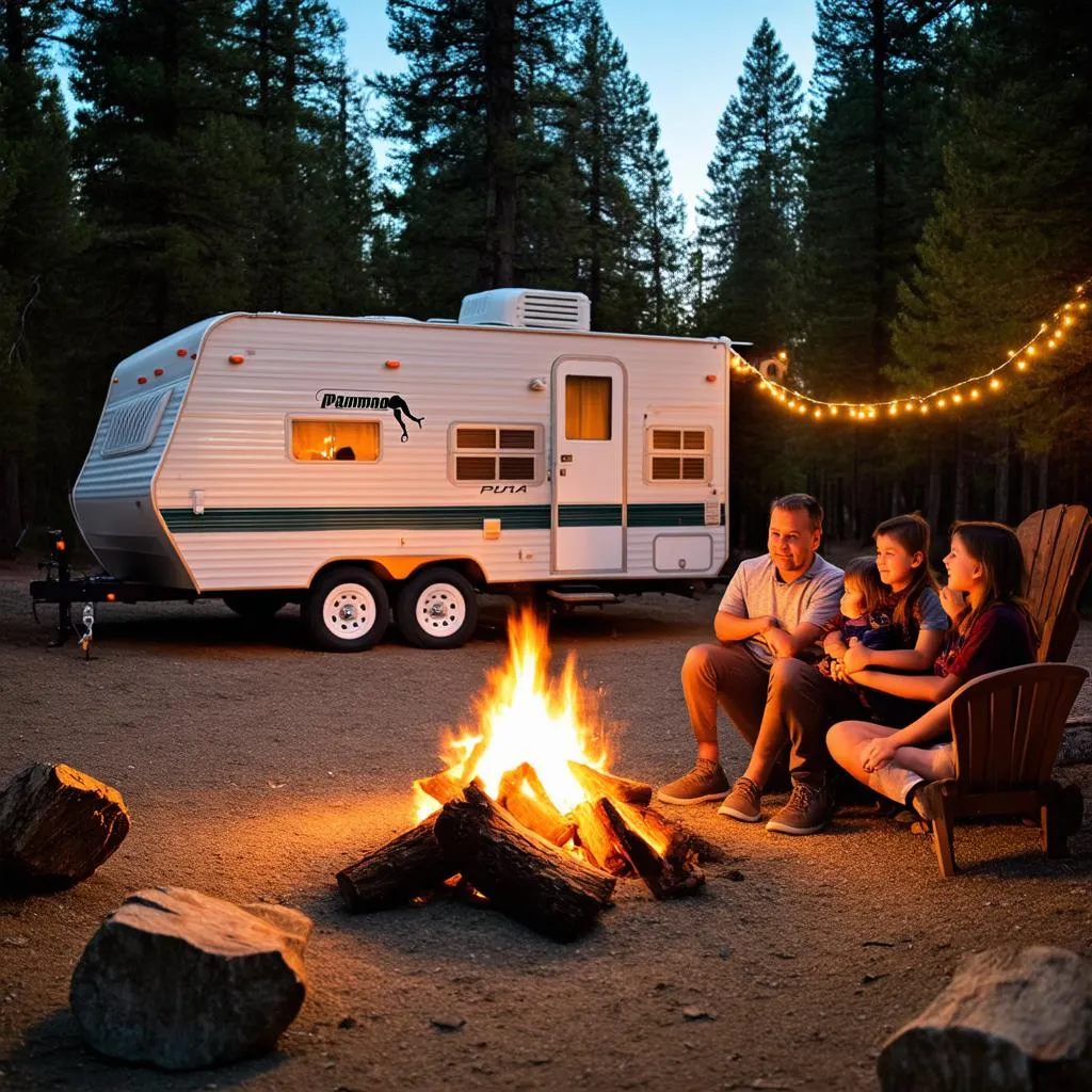 A happy family gathers around a campfire next to their Palomino Puma travel trailer parked in a forest campsite.