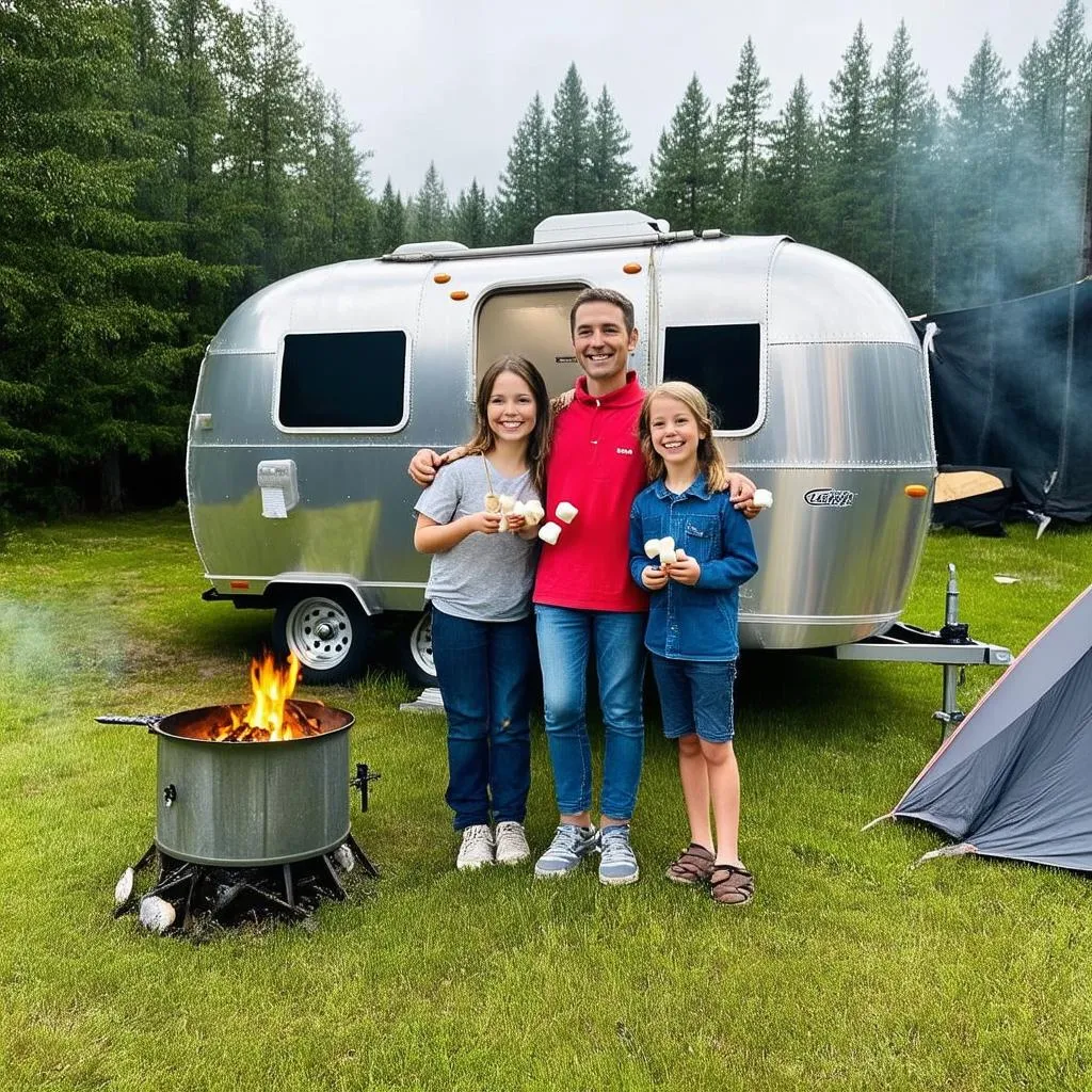 A family of four smiling and standing in front of their Airstream trailer at a campsite.