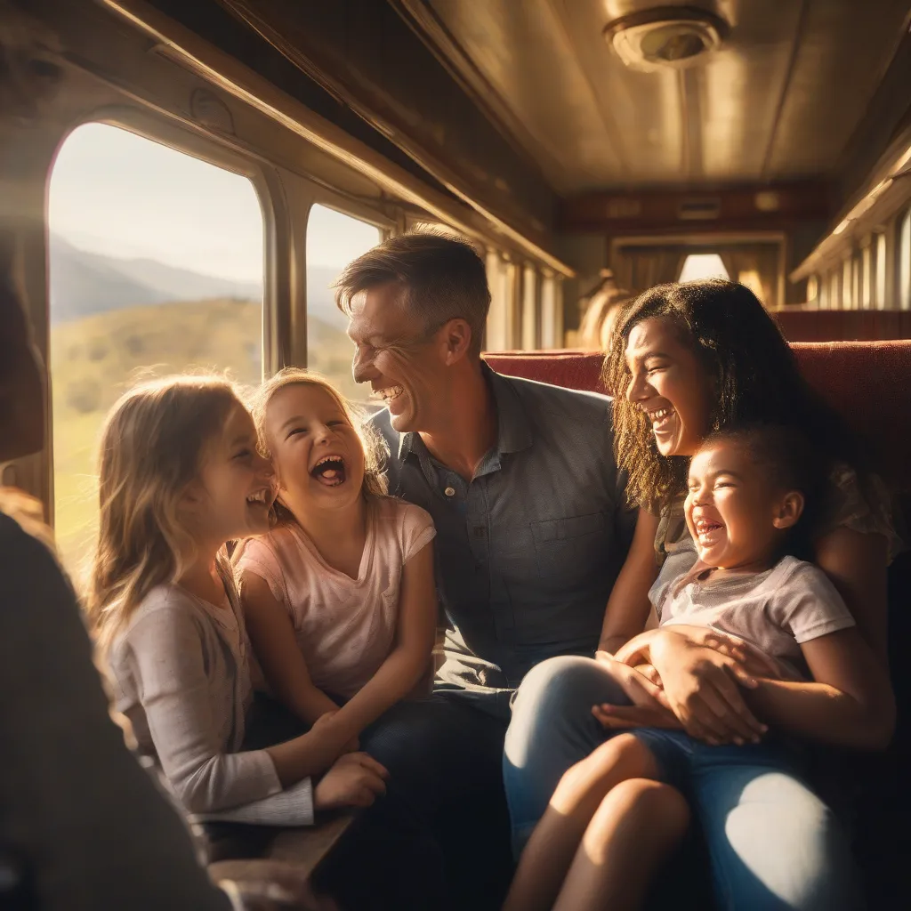 A family smiles and enjoys a scenic train journey