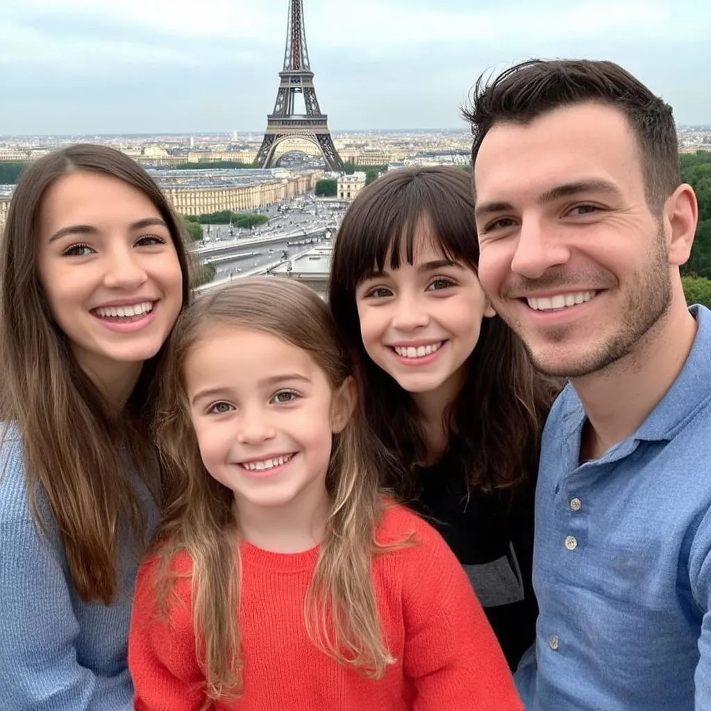 A family standing in front of the Eiffel Tower