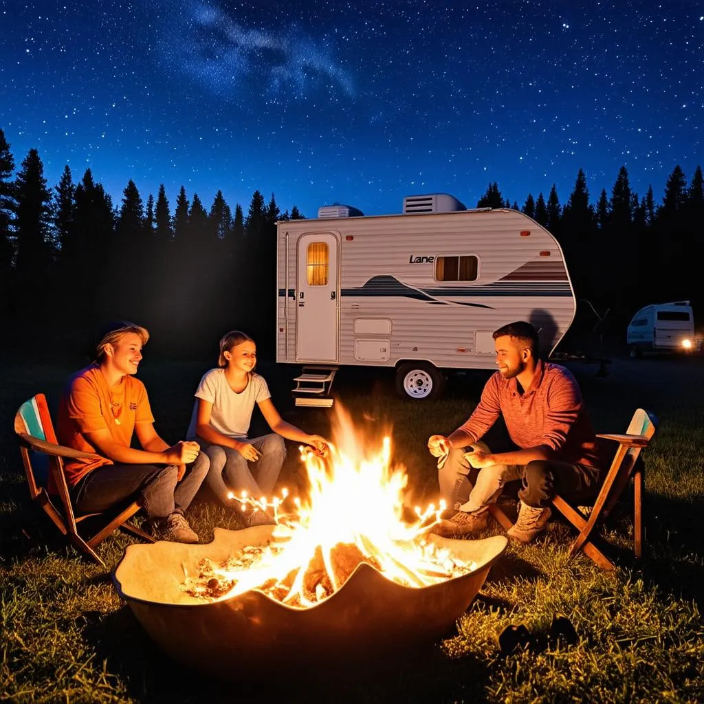 A family sits around a crackling campfire, enjoying the evening near their Lance travel trailer. The trailer is parked in a scenic campground surrounded by trees.