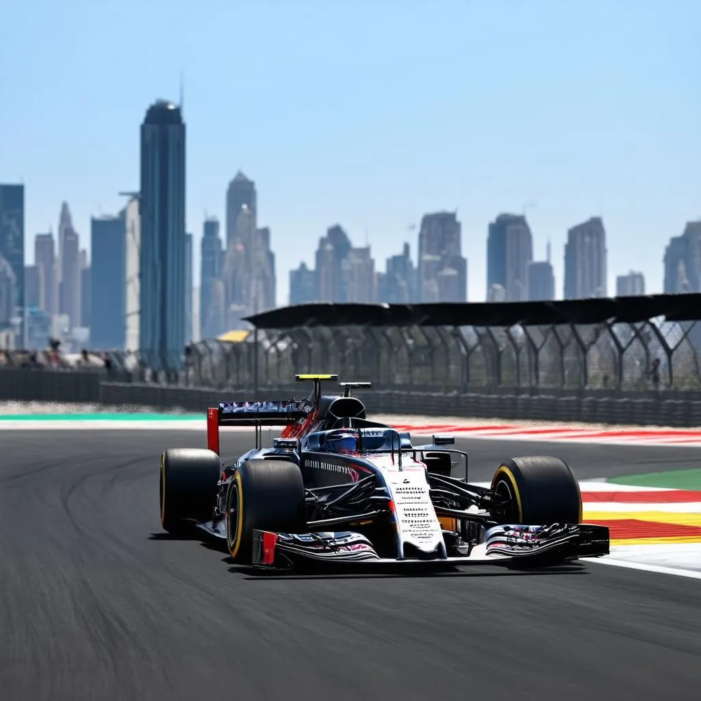 Formula 1 Car Speeding on Track with Cityscape