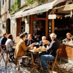 A bustling German cafe with locals enjoying coffee and pastries