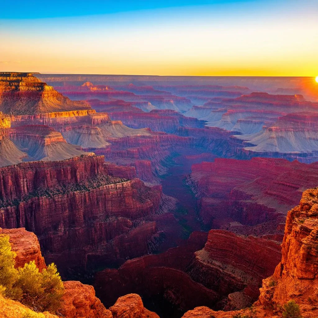 A panoramic view of the Grand Canyon at sunset