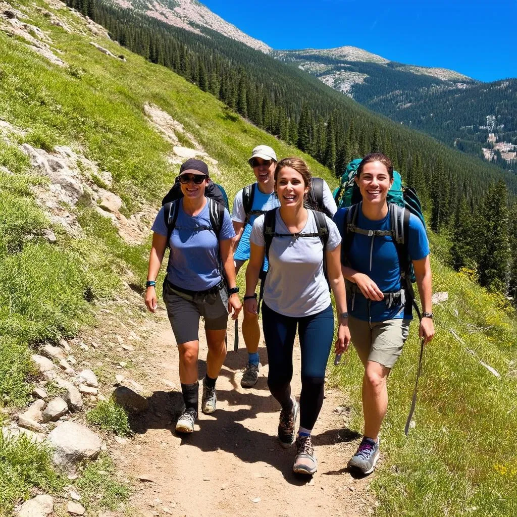 Friends hiking together on a mountain trail