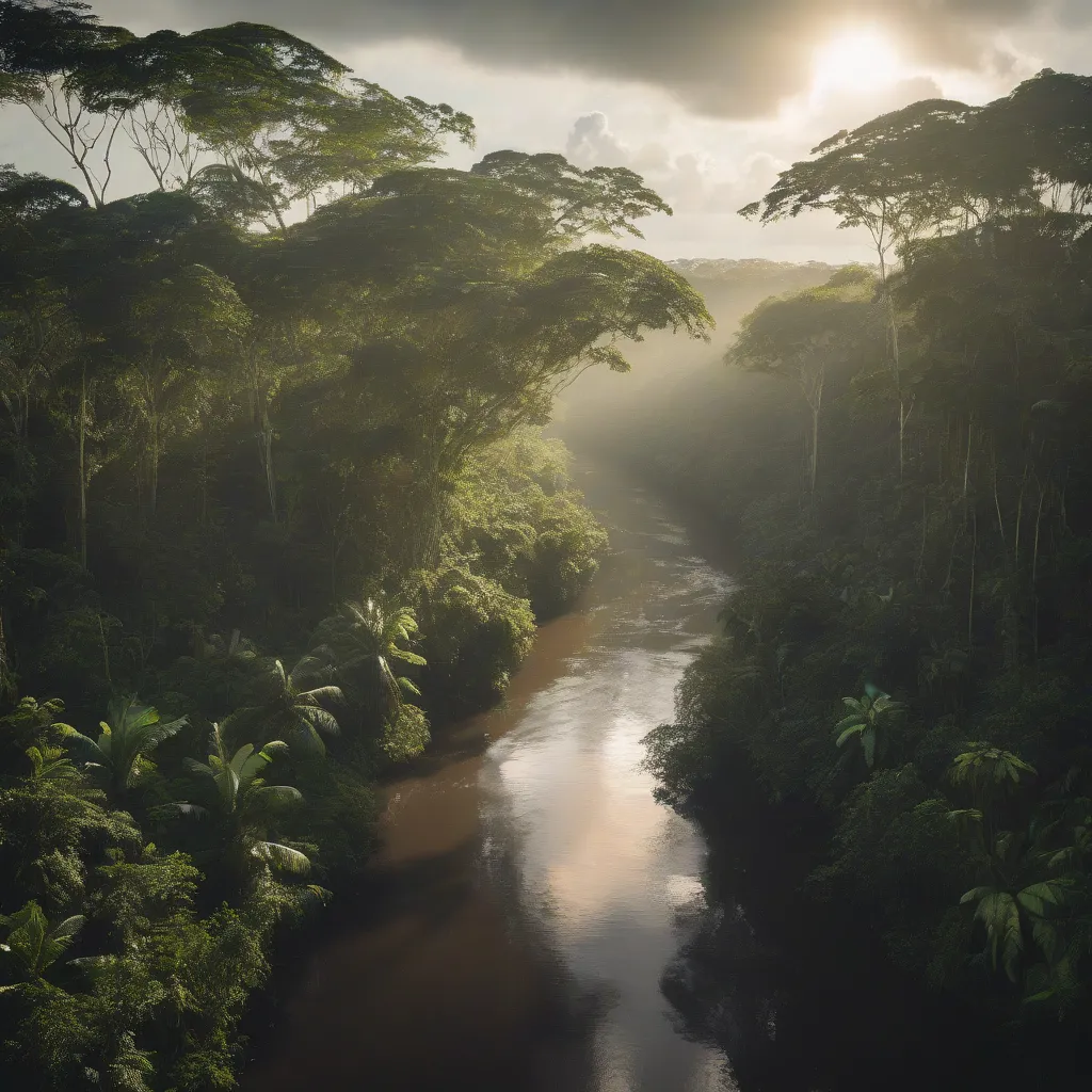 A peaceful river flowing through the Amazon rainforest in Guyana