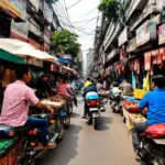 Bustling street market scene in Hanoi, Vietnam