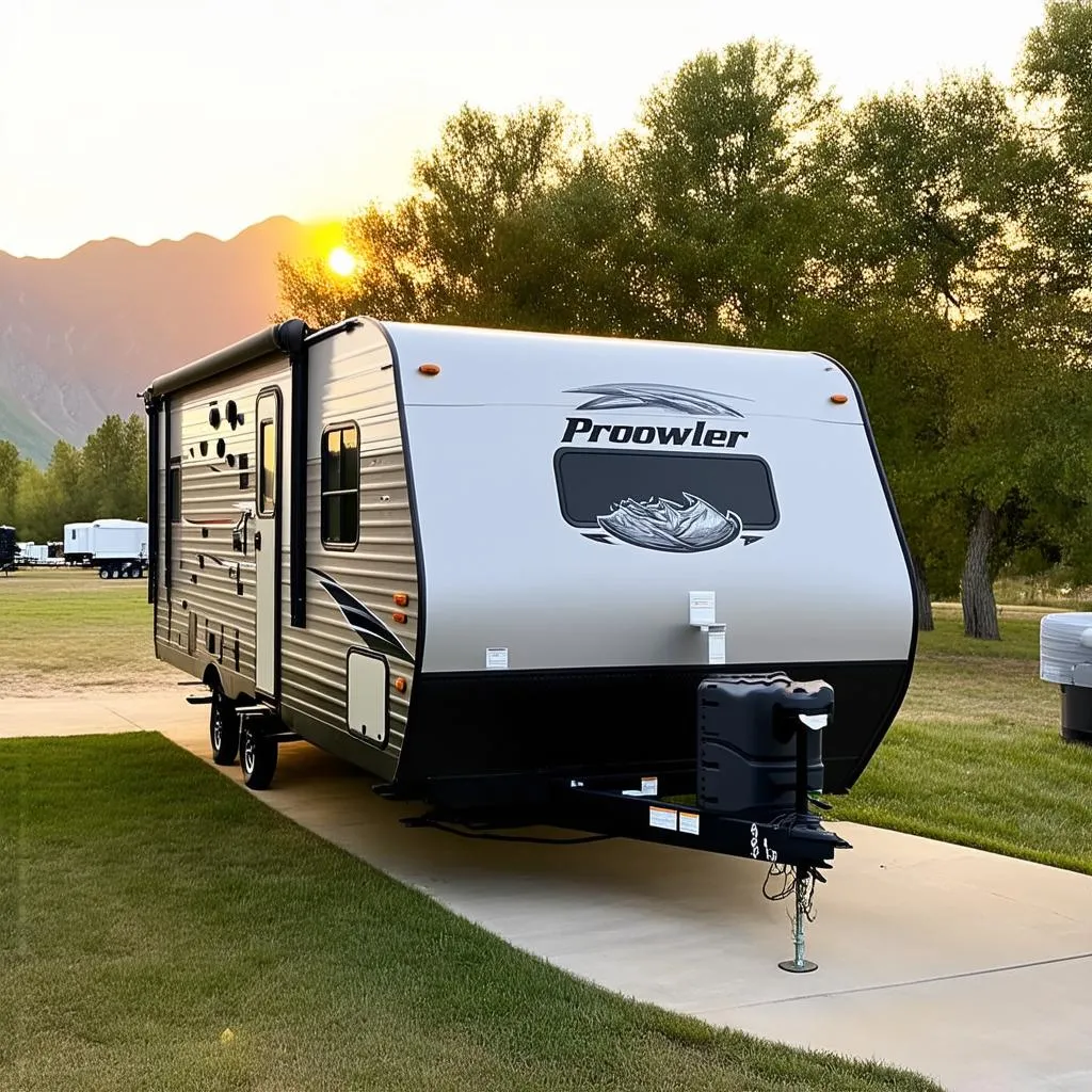 A sleek Heartland Prowler travel trailer parked at a scenic campsite.