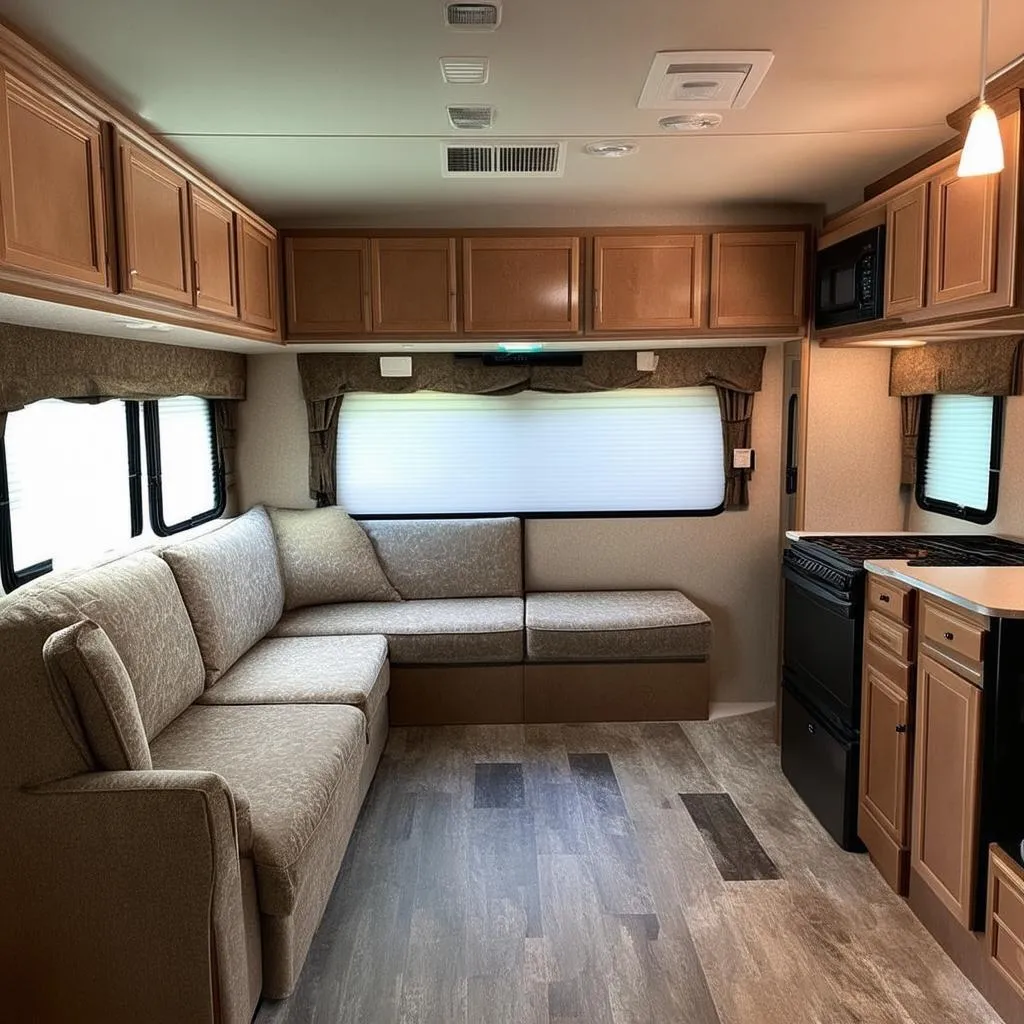 The interior of a Heartland Prowler travel trailer, showcasing its comfortable living space.