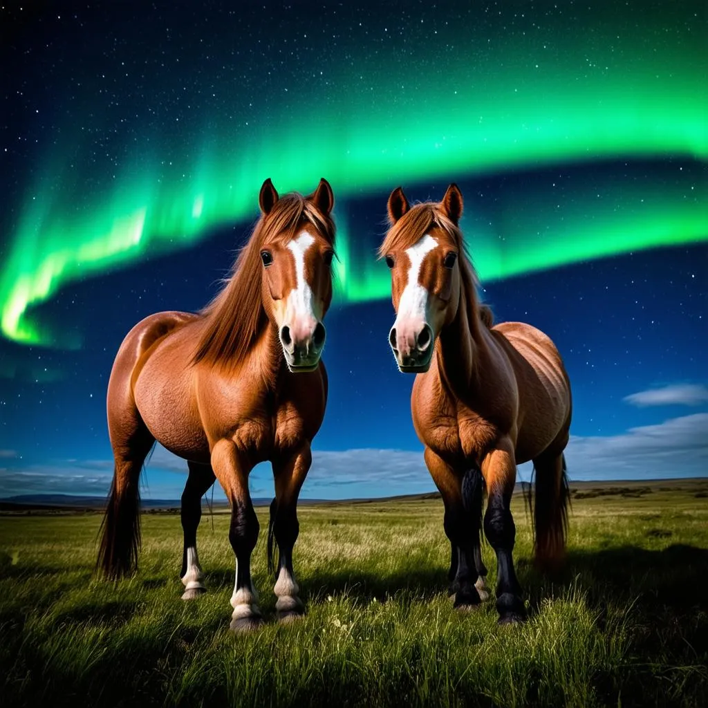 Icelandic Horses under the Northern Lights