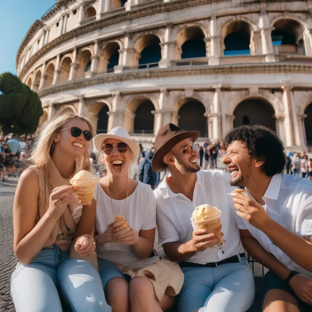 Tourists enjoying gelato in front of the Colosseum