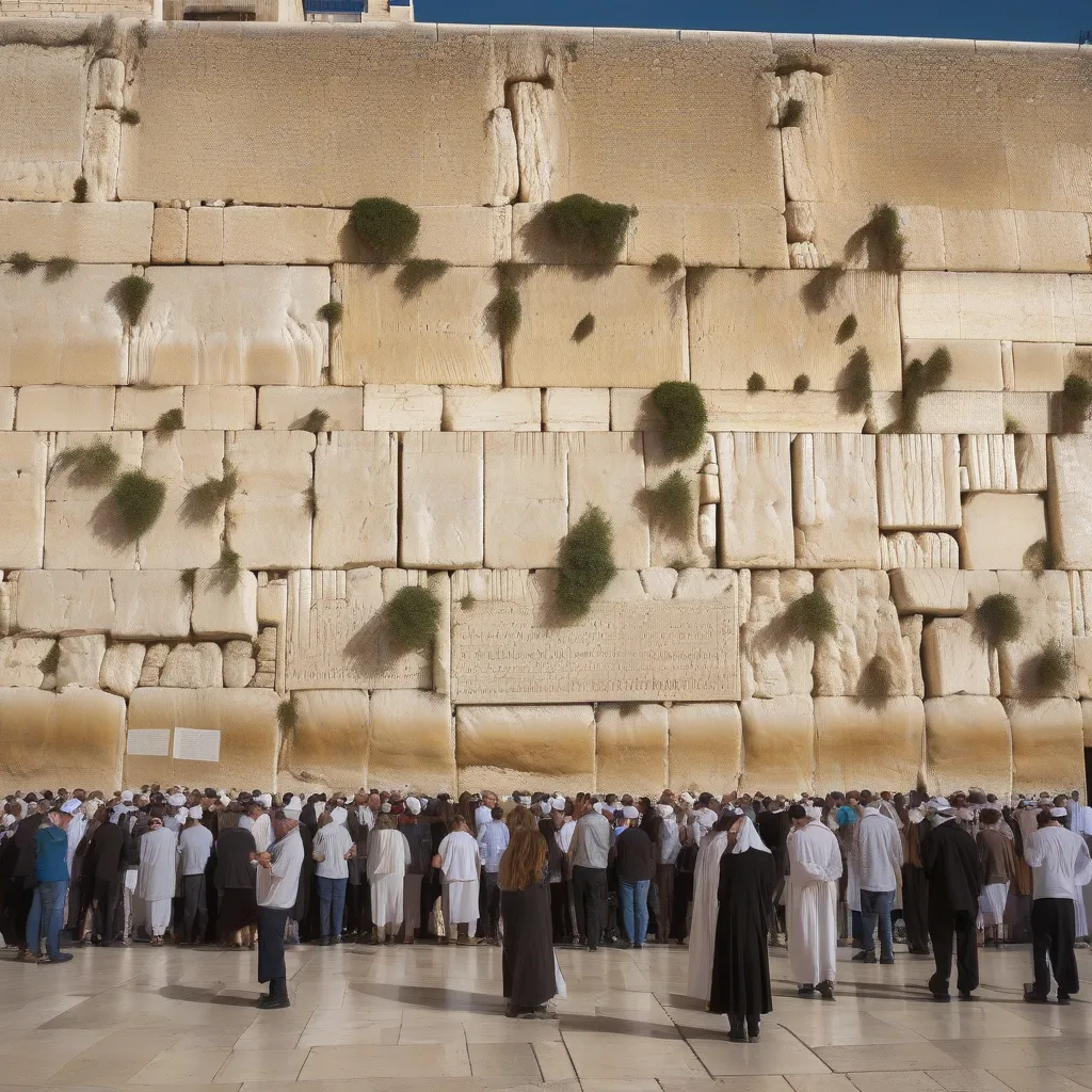 The ancient Western Wall in Jerusalem's Old City, bustling with visitors and religious activity.