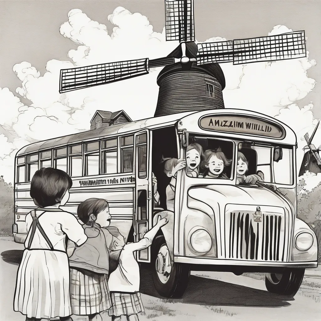 Kids looking out school bus window at Dutch windmill