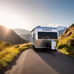 Rugged Lance travel trailer parked on a scenic mountain road overlooking a valley