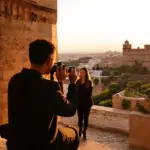 Couple posing for a photo with the Alcazaba in the background