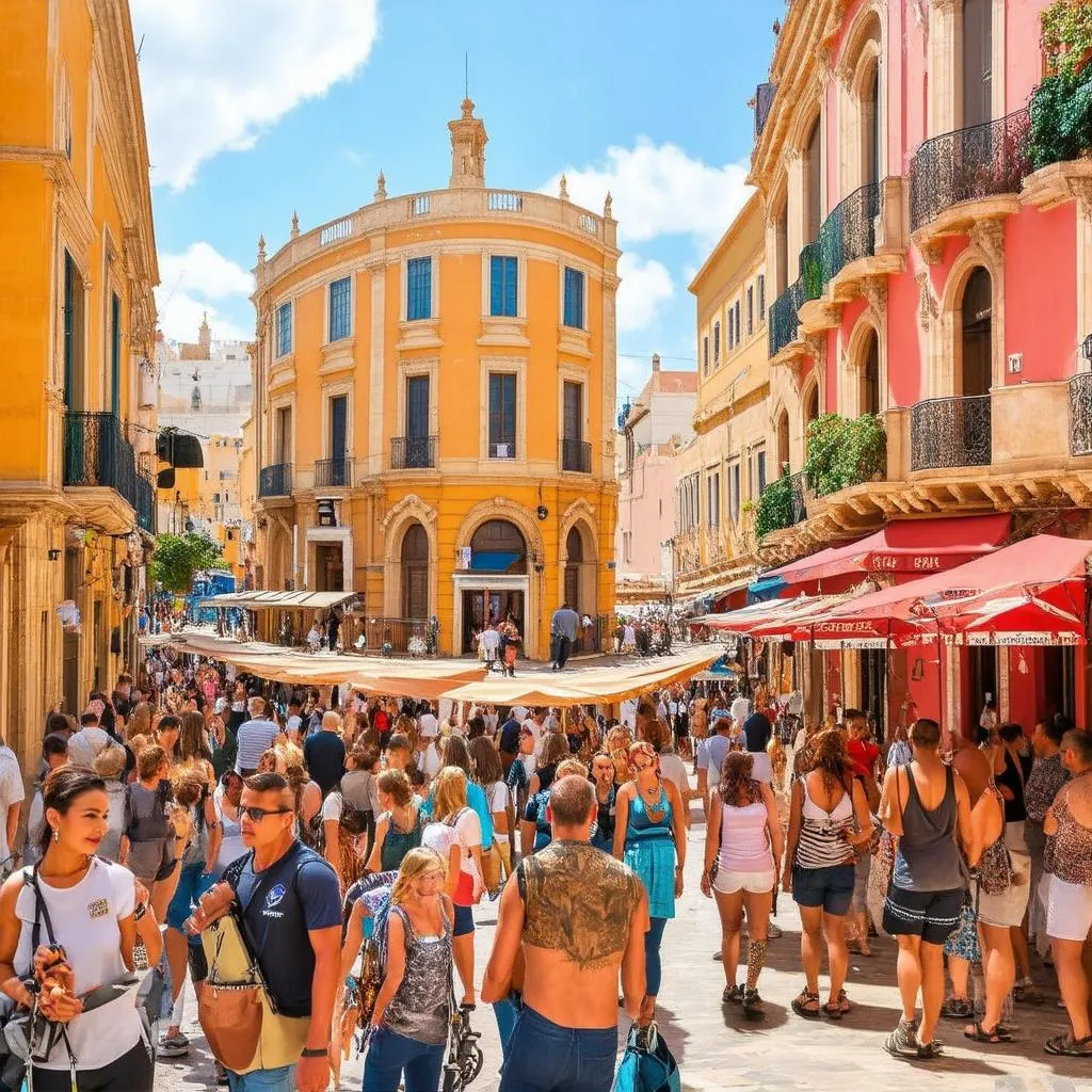 Tourists enjoying the vibrant atmosphere of Valletta's streets.