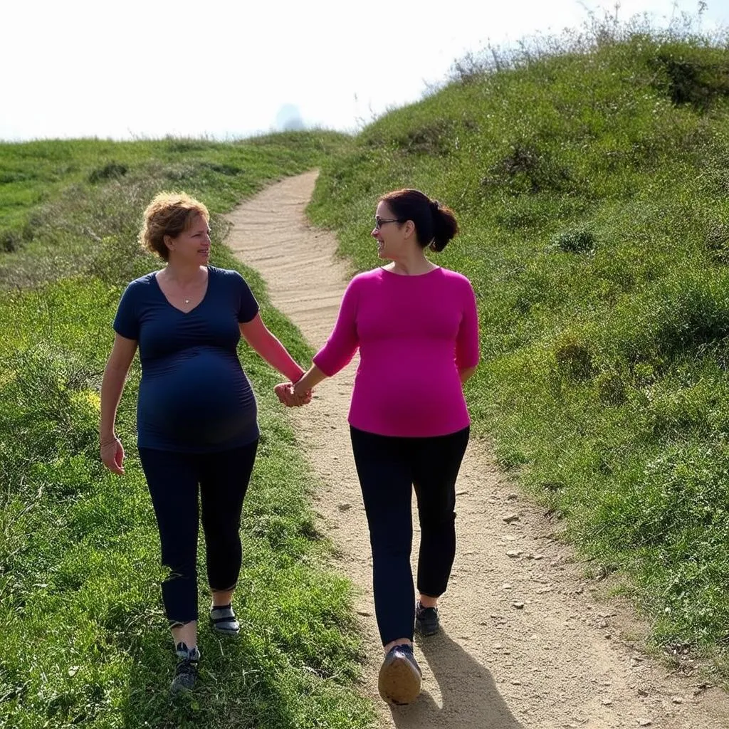 Mary and Elizabeth walk and talk on a hillside