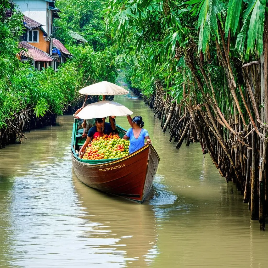 A traditional boat navigating the Mekong Delta