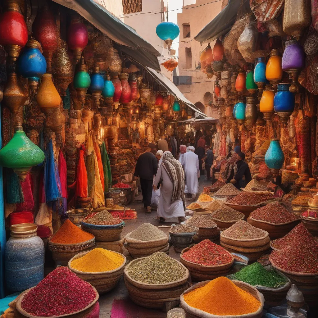 A vibrant Moroccan market with colorful spices and textiles