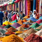 A bustling Moroccan market with vibrant colors and exotic goods.