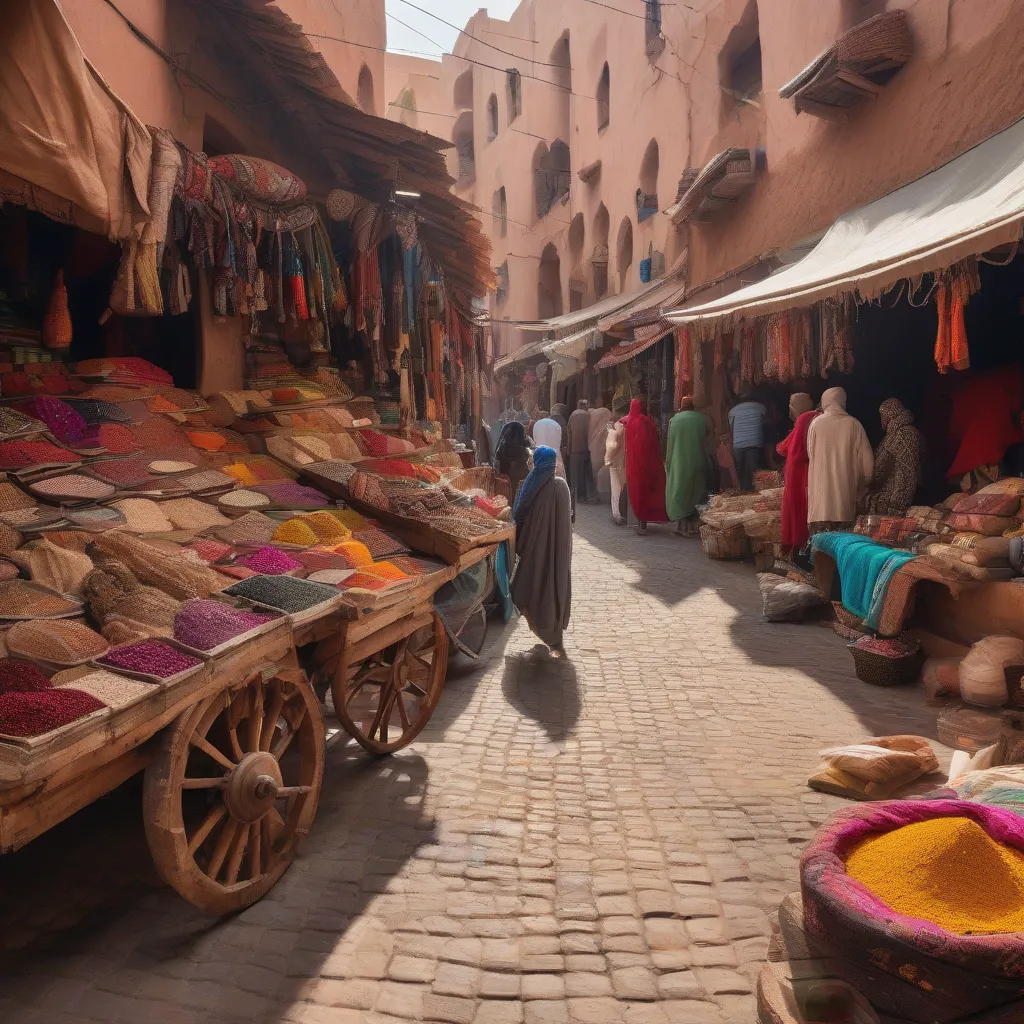 A bustling Moroccan marketplace with a lone wooden cart in the foreground