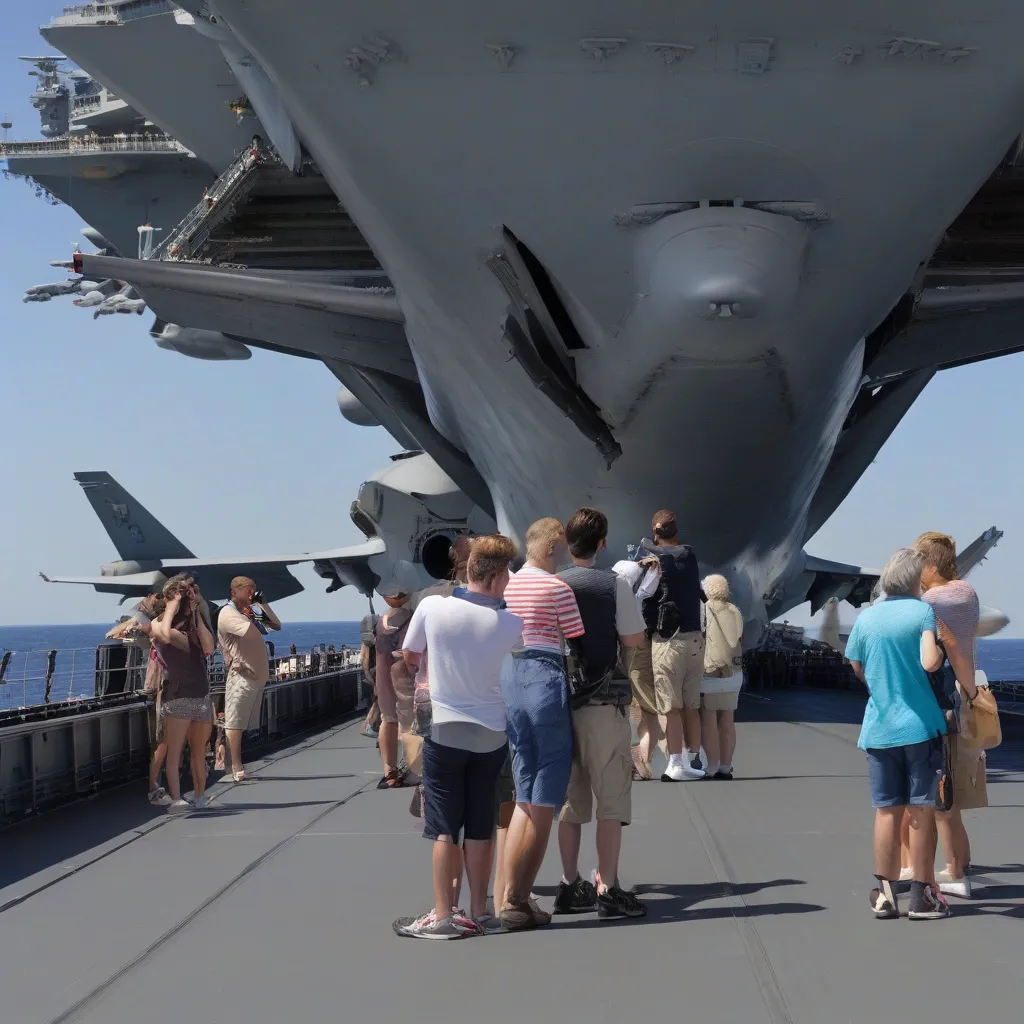 Visitors Exploring a Naval Museum Aircraft Carrier