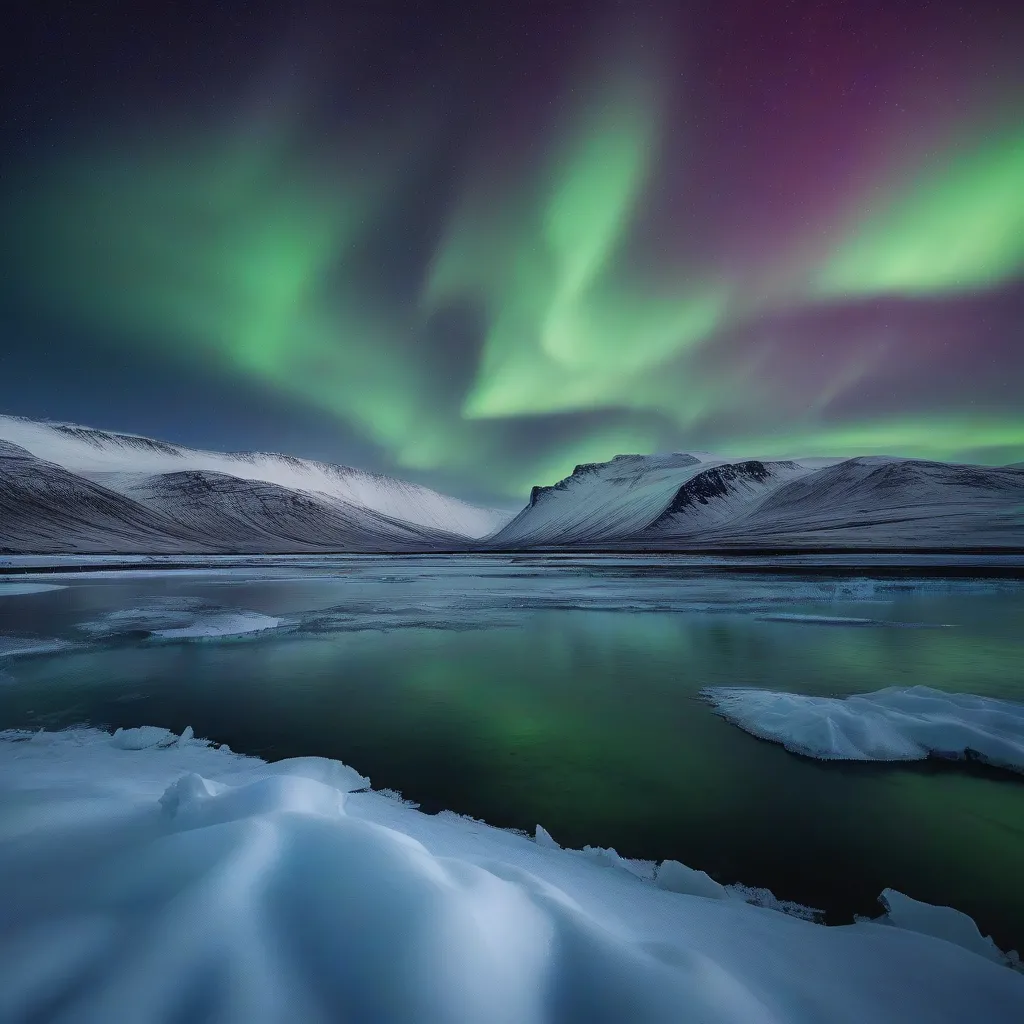 Northern Lights over snowy mountains in Iceland