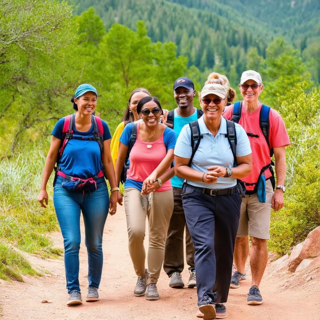 A group of travelers exploring a scenic destination with their tour guide