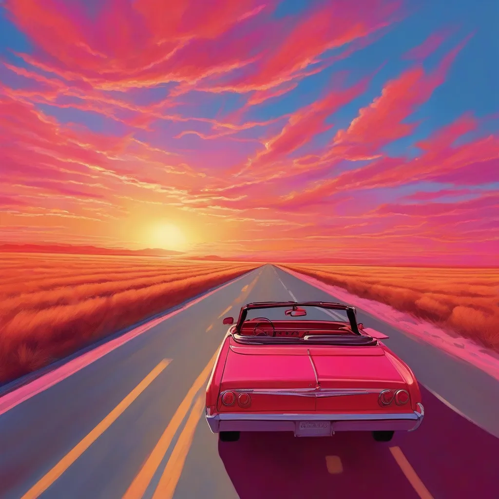 Car driving towards the setting sun over an open highway